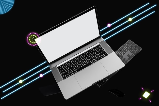 Lado Neon Laptop Perspectiva Em Fundo Preto