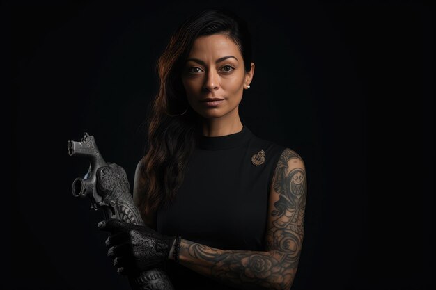 Foto el lado oscuro de la belleza mujer tatuada con pistola