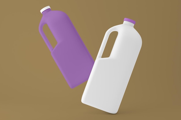Lado de perspectiva de botellas de galón de leche aislado en fondo amarillo