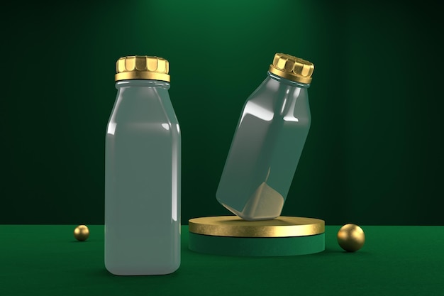 Lado de perspectiva de botellas de jugo con barras de oro