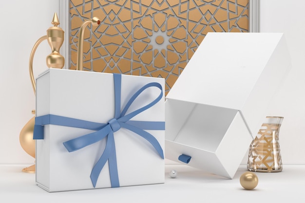 Lado de perspectiva de cajas de regalo en fondo temático de Ramadán