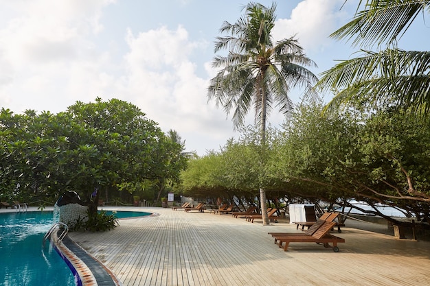 Lado de la piscina del hotel de lujo con tumbonas palmeras y océano azul Maldivas