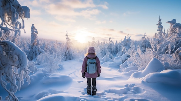 lado trasero de la niña con gorra de lana y suéter afuera en la temporada de invierno