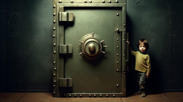 Ladrão, criança, porta do cofre do banco.