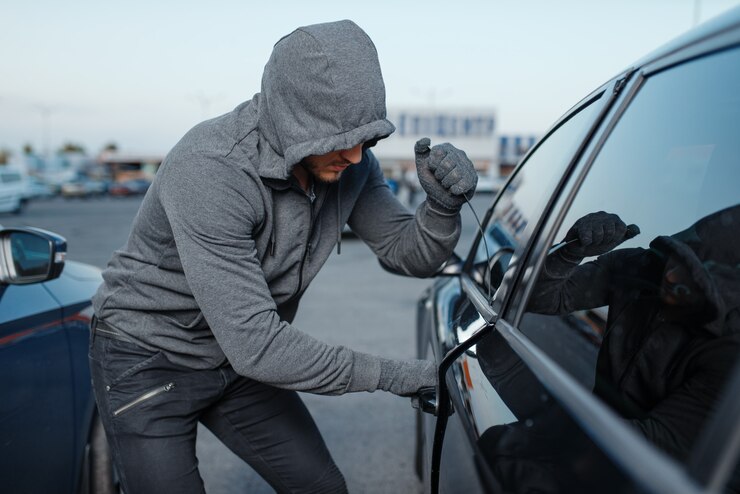 Foto ladrão de carros quebrando a fechadura da porta, trabalho criminoso, ladrão. ladrão masculino com capuz abrindo o veículo no estacionamento.