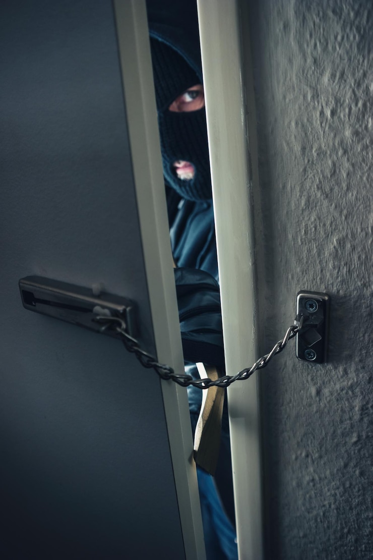 Foto ladrão mascarado usa pé de cabra para arrombar uma porta de casa com corrente