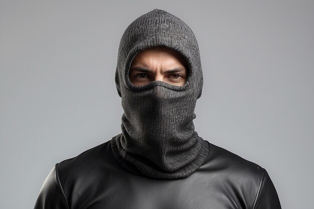 Ladrão vestindo balaclava isolado em fundo branco