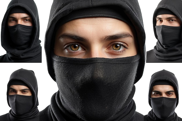 Ladrão vestindo balaclava isolado em fundo branco