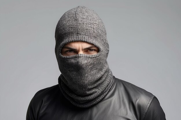 Ladrão vestindo balaclava isolado em fundo branco