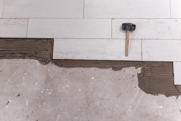 Foto ladrilhos cerâmicos com efeito de madeira e ferramentas para ladrilhar no piso colocação de ladrilhos inacabados instalação de ladrilhos
