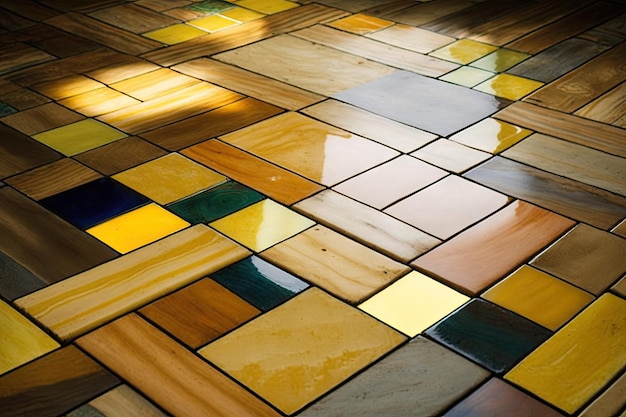 Ladrilhos coloridos de listras bege e amarelas no belo piso de madeira envernizada