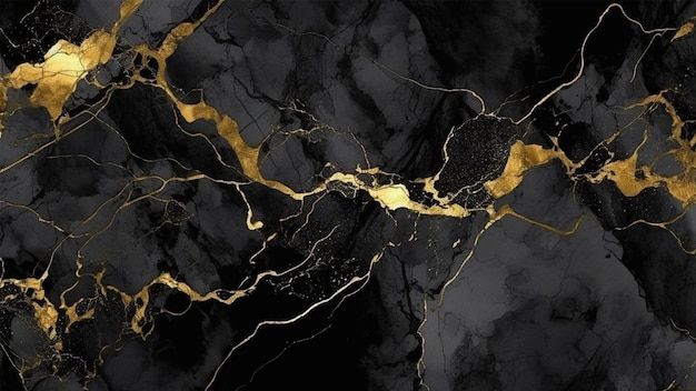 Ladrilhos de mármore líquido preto e dourado abstraem fundo com linhas douradas e salpicos de tinta