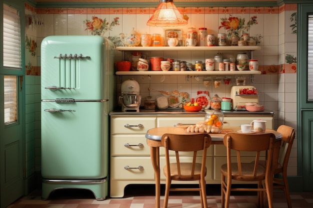 Ladrillos de cocina de colores vintage refrigerador retro y viejos armarios generativos IA