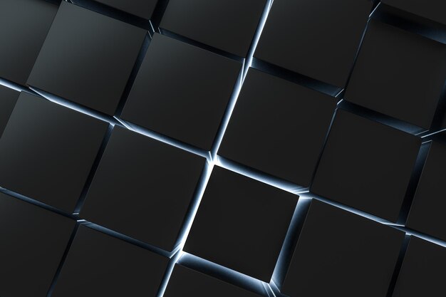 Ladrillos de cubo de fondo oscuro de renderizado 3d con efecto de luz Fondo digital de computadora