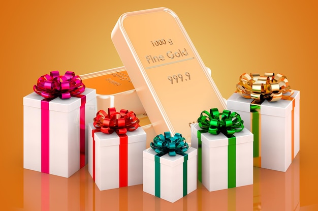 Ladrillos dorados con renderizado 3D de regalos