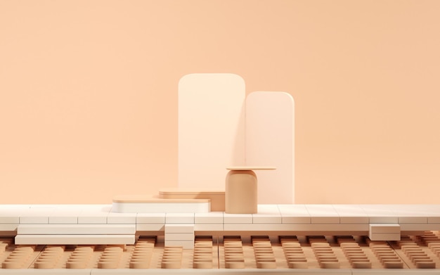 Ladrillos de juguete y podio Plástico blanco y beige Ladrillos de construcción Bloque sobre fondo pastel 3D Render