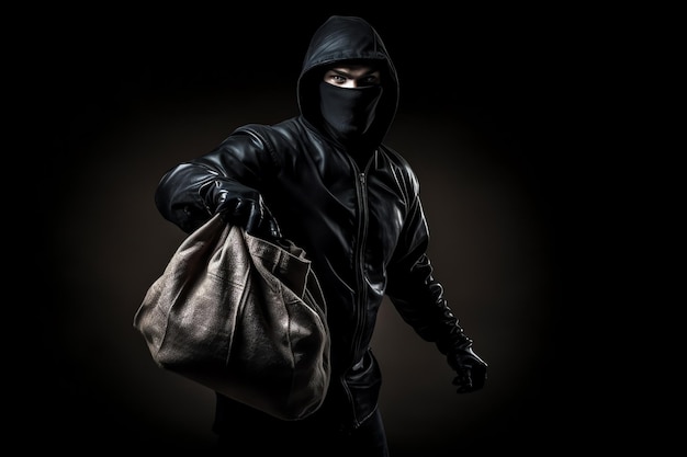 Un ladrón con una chaqueta de cuero negra tiene una bolsa en la mano.