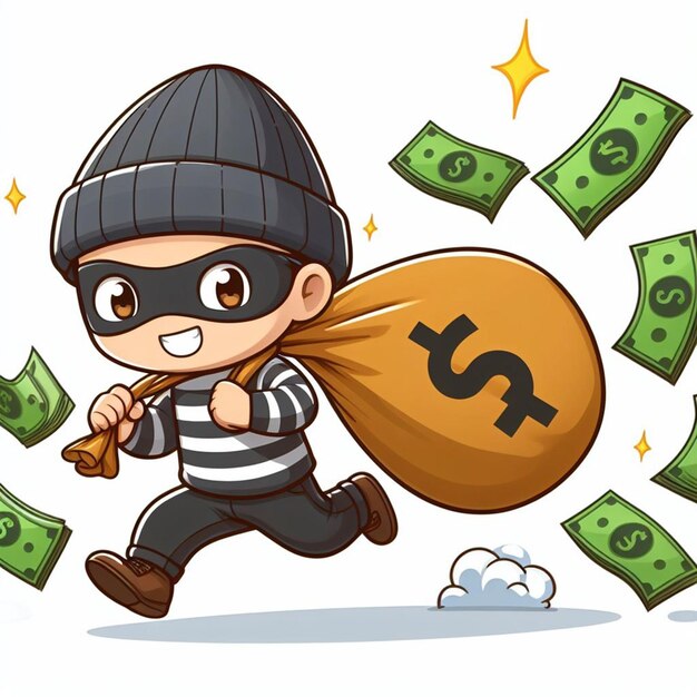 Un ladrón corre con el dinero robado.