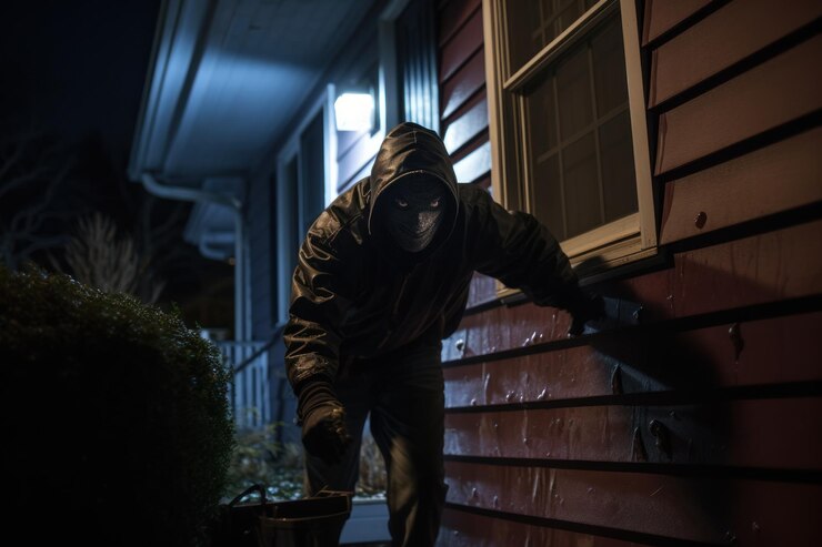 Un ladrón enmascarado entrando en una casa por la noche.