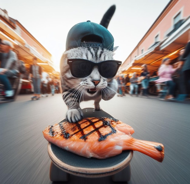 Un ladrón de gatos gracioso lleva gorra y gafas de sol. Escapa en patineta del mercado con salmón a la parrilla robado.