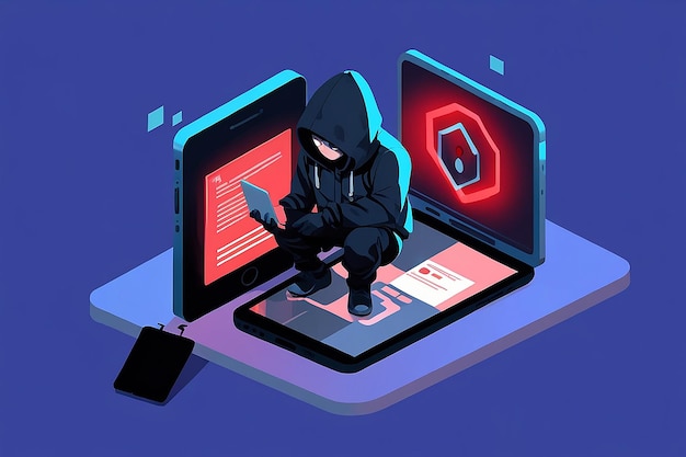 Ladrón isométrico 3D plano o hacker no pudo hackear el teléfono inteligente con sistema de seguridad