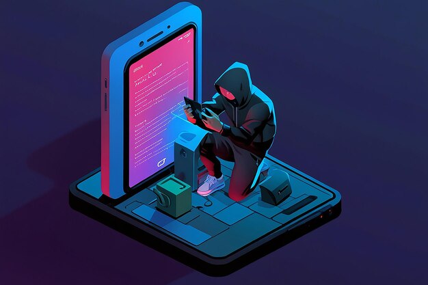 Ladrón isométrico 3D plano o hacker no pudo hackear el teléfono inteligente con sistema de seguridad