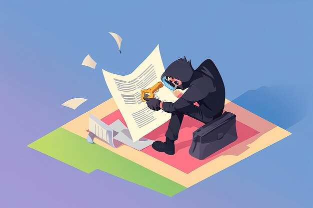 Ladrón isométrico plano en 3D desgarrando documentos de derechos de autor Concepto de propiedad intelectual e infracción de derechos de autora