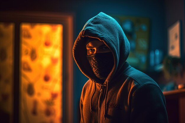 Foto ladrón con una máscara en una casa extraña sistema de alarma robo sistema de seguridad casa inteligente