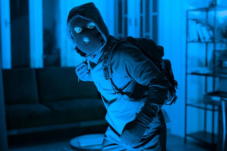 Foto un ladrón en máscara se esconde dentro de una casa.