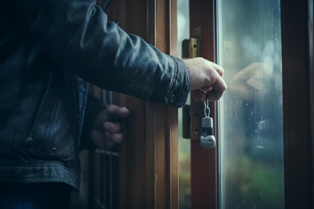 Un ladrón masculino tratando de colarse en la casa.