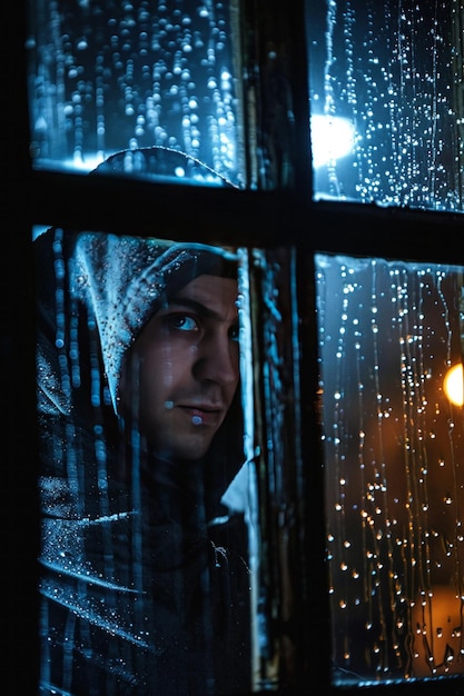 Foto un ladrón mirando por la ventana en una noche de lluvia