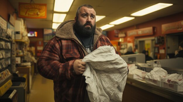 Foto un ladrón de tiendas en una tienda sosteniendo unas toallas de papel