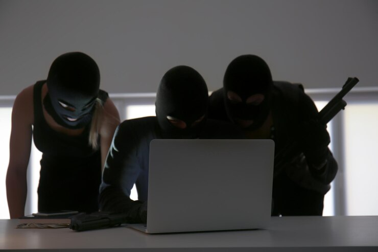 Foto ladrones armados hackeando laptop en la habitación