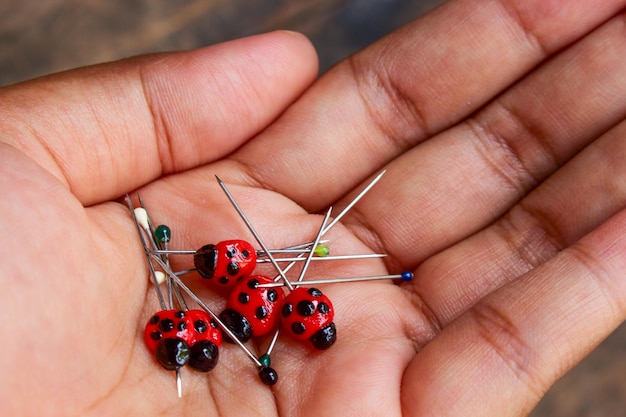 Lady bug clay e pinos de cabeça redonda na mão