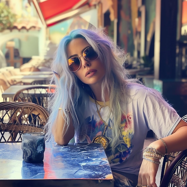 Lady Gaga in Jeans und einem T-Shirt in einem Café im Freien