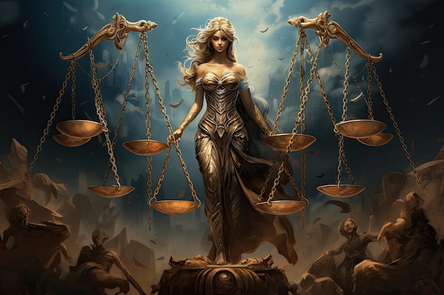 Lady Justice con escalas de justicia ilustración 3D estilo vintage Proporcionar justicia generada por IA