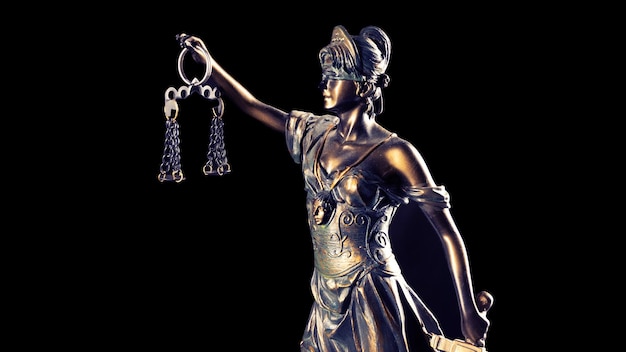 Lady Justice oder Themis oder Justilia Göttin der Gerechtigkeit auf schwarzem Hintergrund