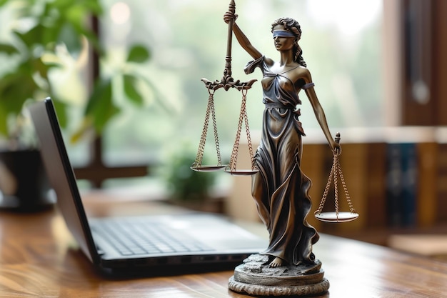 Lady Justice sitzt vor einem Laptop