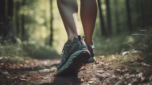 Lady Runner Senderismo a través del sendero del bosque con primer plano de zapatos para correr