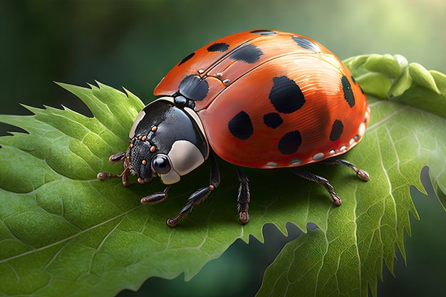 Ladybug se arrastra sobre una hoja verde ai generativo