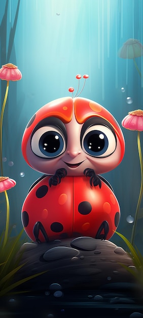 ladybug de desenho animado sentado em uma rocha em um jardim com flores ai generativa