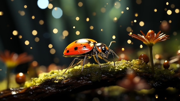 ladybug em um tronco coberto de musgo