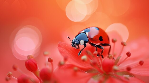 Ladybug graciosamente em uma flor vermelha vívida um momento pitoresco