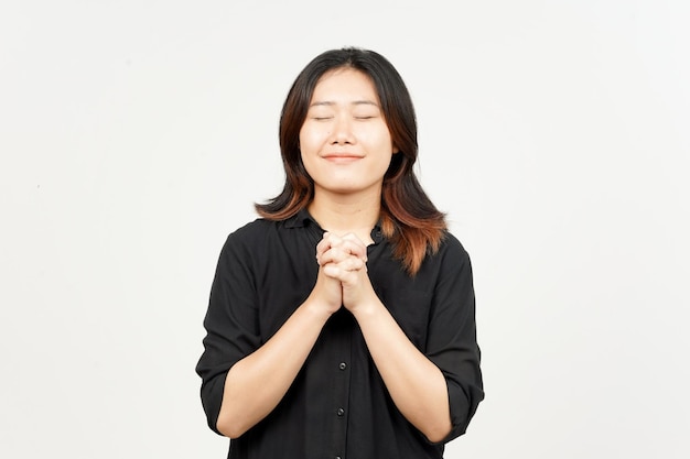 Lächeln, geschlossenes Auge und faltende Hand zum Beten der schönen asiatischen Frau, Isolated On White Background