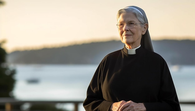 Lächeln Sie ältere Nonne in traditioneller Kleidung, glückliches Porträt einer älteren Nonne, lächelnd, katholisch