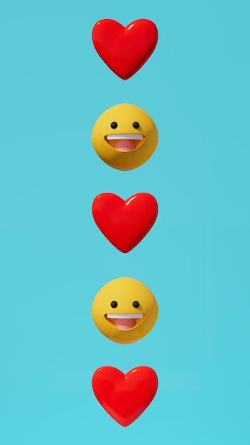 Lächeln und Herz-Emoticon-Spalte auf blauer Landschaft, 3D-Illustration