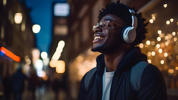 Lächeln und Musik mit einem schwarzen Mann in der Stadt Konzept ai