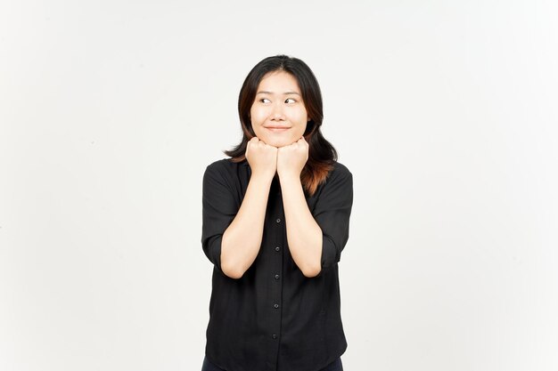 Lächeln, wegsehen und an schöne asiatische Frau denken, Isolated On White Background