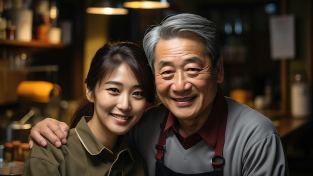 lächelnd im Café asiatische Familie im Café Tochter erbt das Geschäft des Vaters