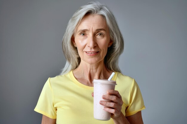 Lächelnde ältere europäische Frau in gelbem T-Shirt mit einem Glas Proteingetränk in der Hand